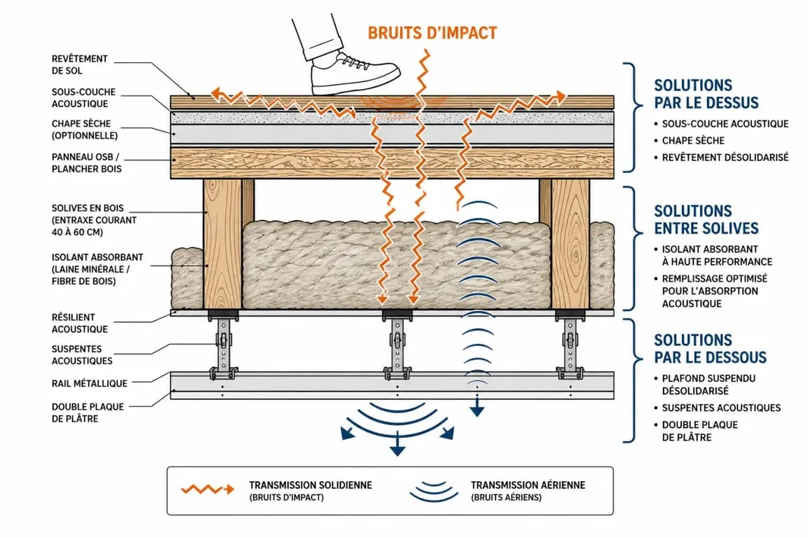 Isolation phonique plancher en bois : schéma des chemins du bruit et des solutions par le dessus, entre solives et par le dessous