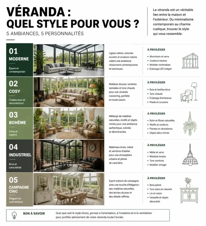 Infographie comparative des styles de décoration pour véranda intérieur