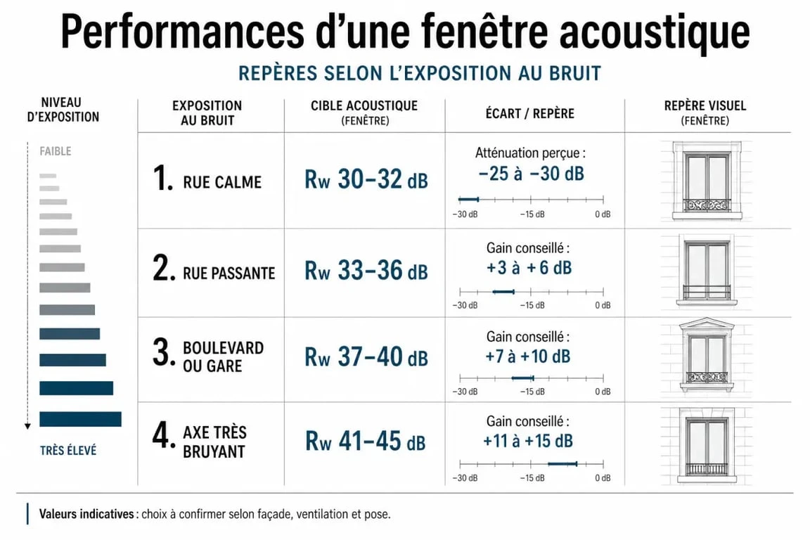 Fenetre anti bruit : tableau comparatif des niveaux de bruit et des cibles Rw recommandées