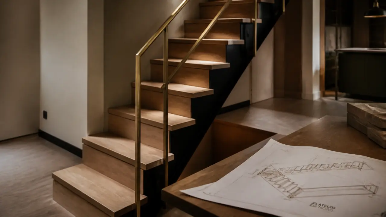 Escaliers sur mesure en bois, trémie et finitions bois et bronze
