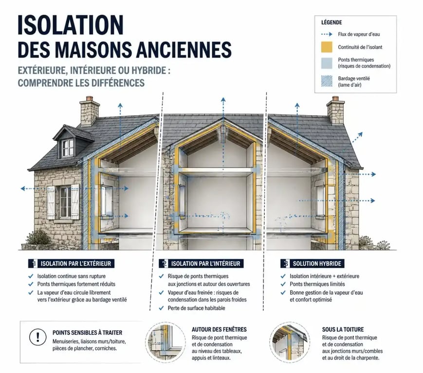 Optimiser l'isolation thermique de sa maison ancienne en Normandie : schéma comparatif ITE, ITI et hybride sur mur ancien