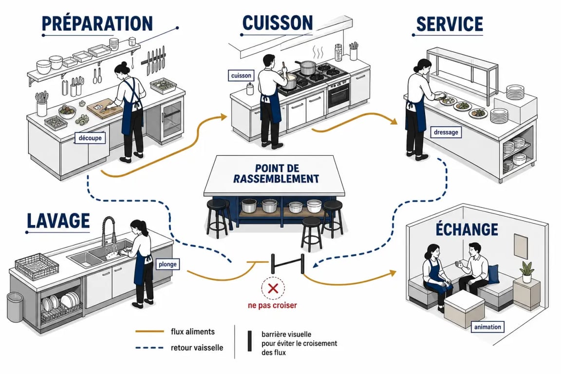 Organiser un atelier cuisine convivial dans sa cuisine aménagée avec zones préparation, cuisson, lavage et service