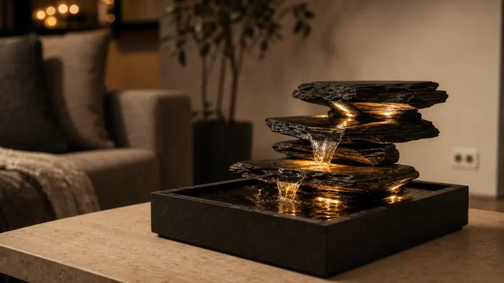 Fontaine interieure compacte dans salon contemporain, eau en filet et LED chaude