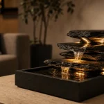 Fontaine interieure compacte dans salon contemporain, eau en filet et LED chaude
