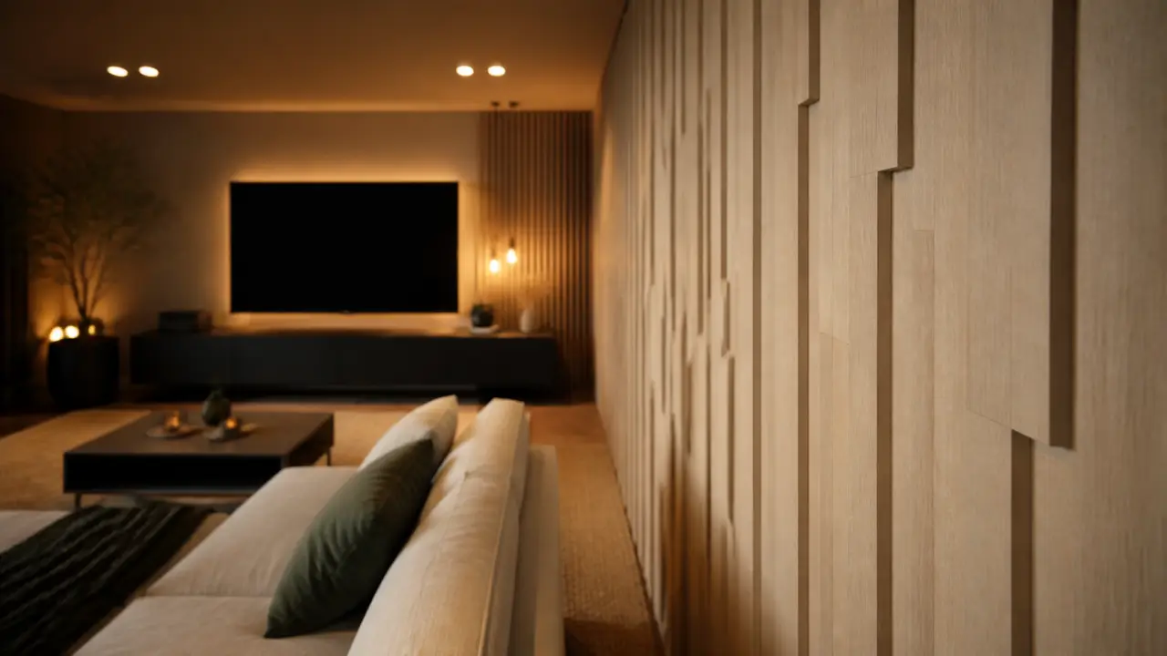 Habillage mur interieur moderne en lames bois 3D en relief, salon contemporain