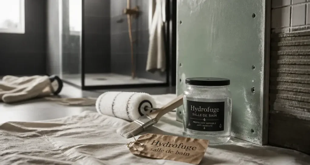 Hydrofuge salle de bain : pot de liquide et plaque verte hydrofuge