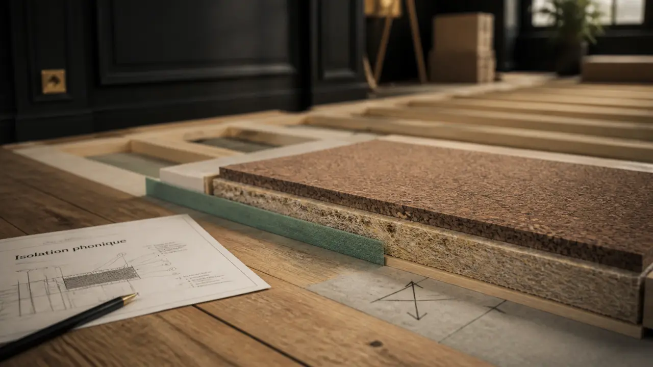 Isolant phonique plancher bois : liège et laine de bois entre solives