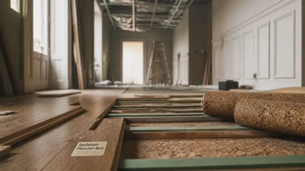 Isolant phonique pour plancher bois : sous-couche acoustique entre solives et faux plafond