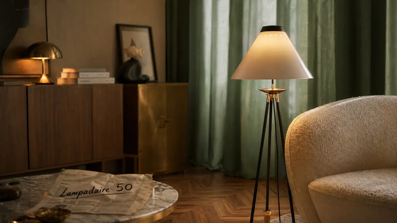 Lampadaire vintage annee 50 tripode laiton liseuse en salon lumineux