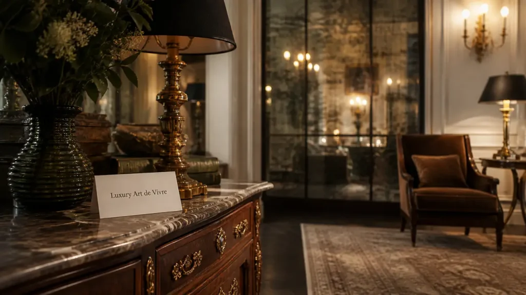 Luxury design art de vivre : matières nobles, lumière douce, marbre et bois
