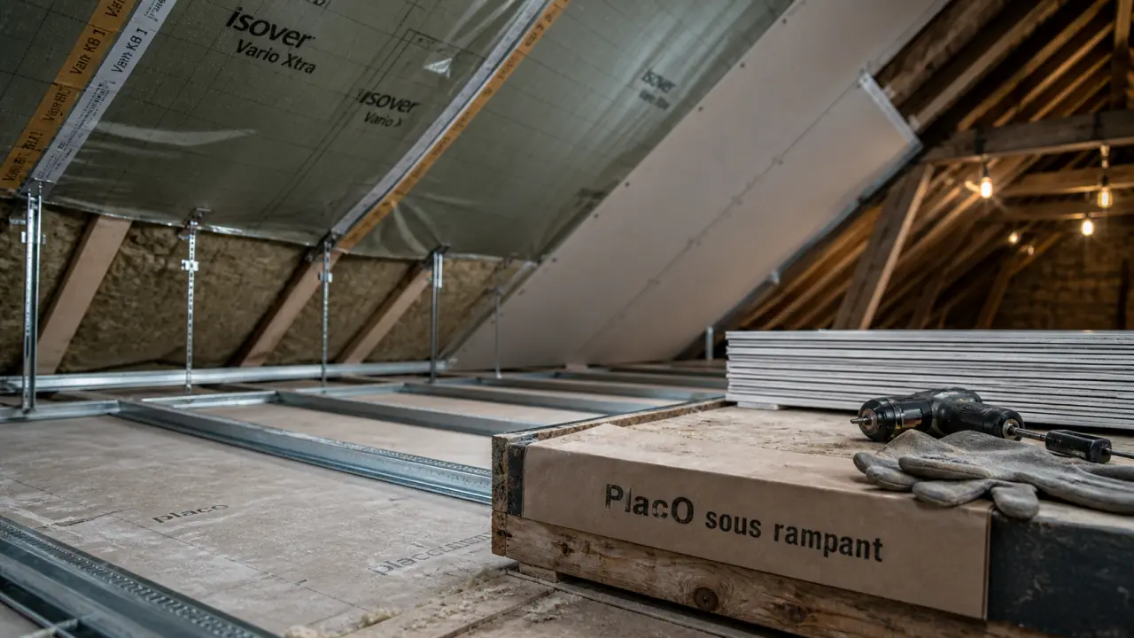 Placo sous rampant : plaques BA13 sur fourrures et pare-vapeur