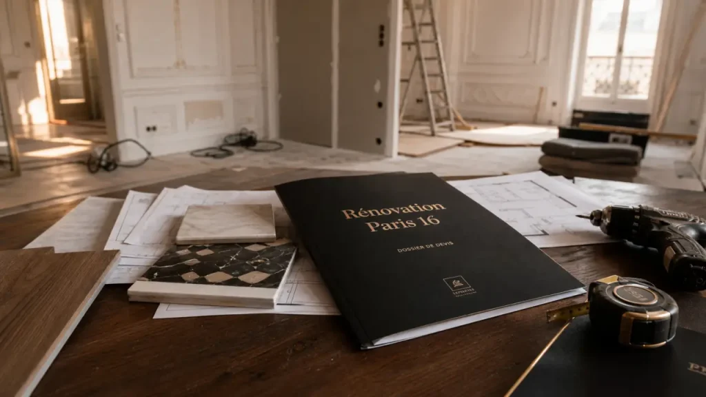 Rénovation appartement paris 16 : devis de travaux sur table, plans et outils
