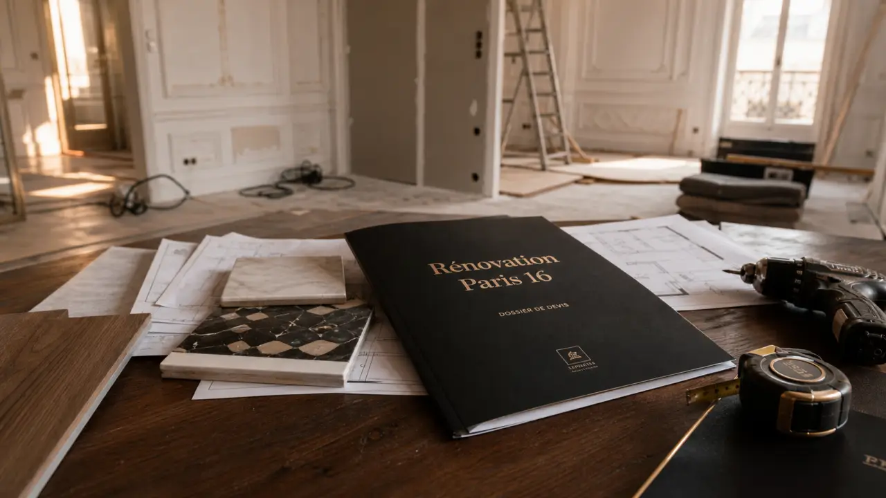 Rénovation appartement paris 16 : devis de travaux sur table, plans et outils