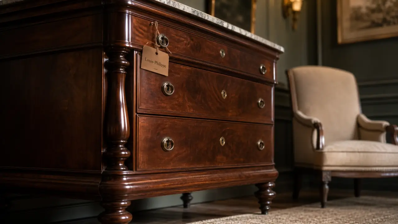 Style louis philippe : commode acajou pieds tournés, fauteuil XIXe