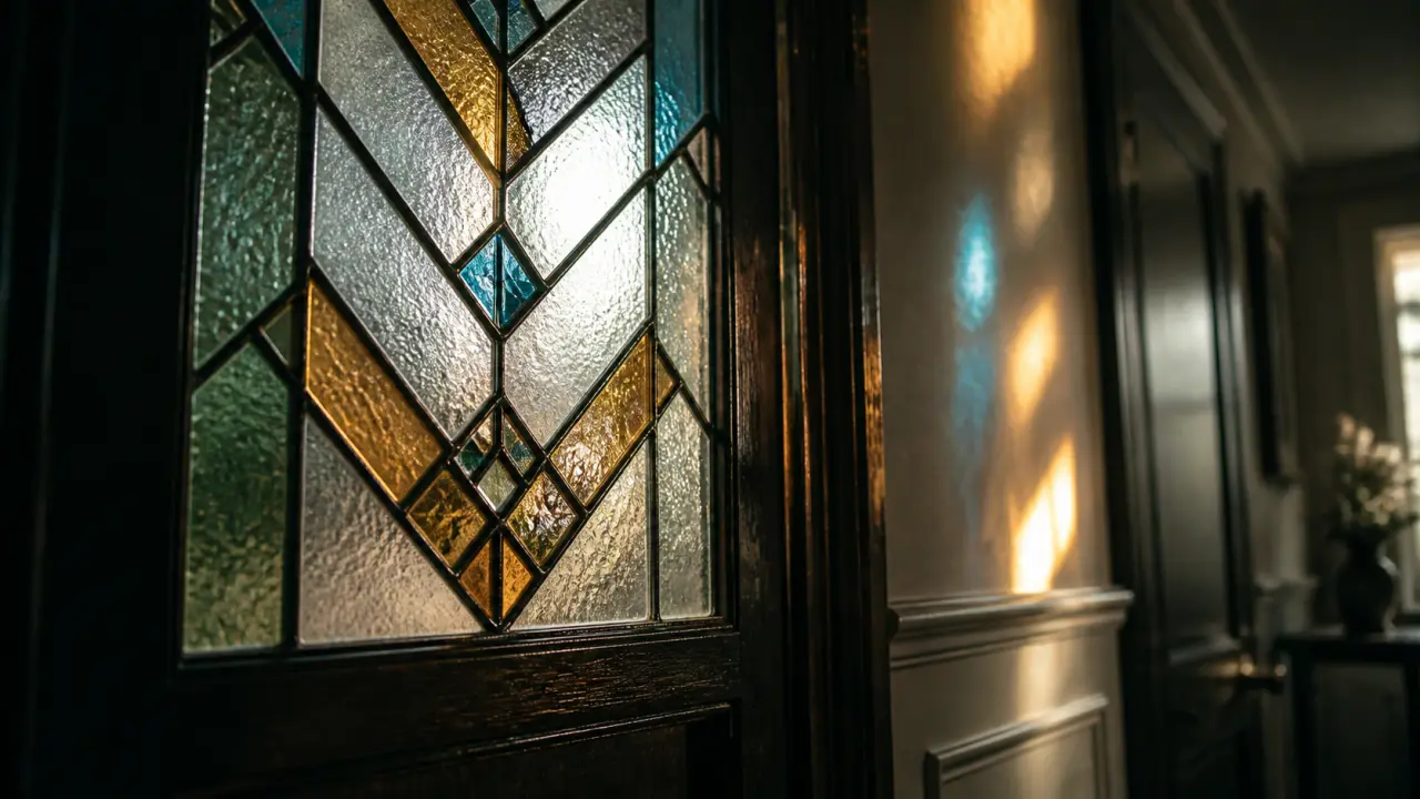 Vitrail art deco : lignes et verres texturés en plombs noirs