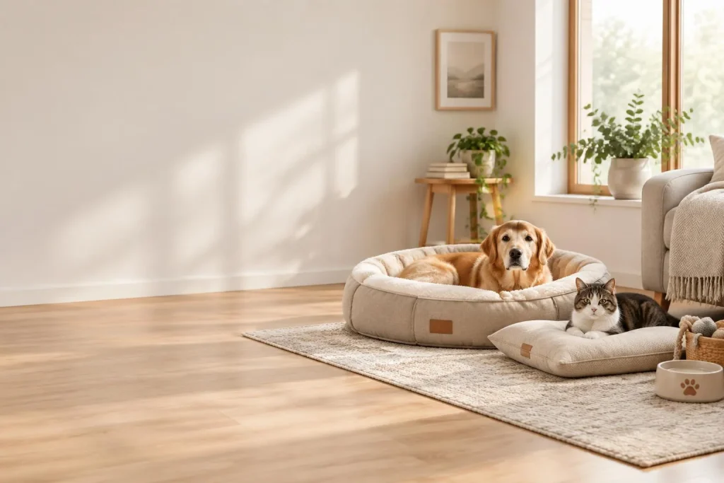 Un coin repos bien placé apaise chien et chat, sans alourdir la décoration