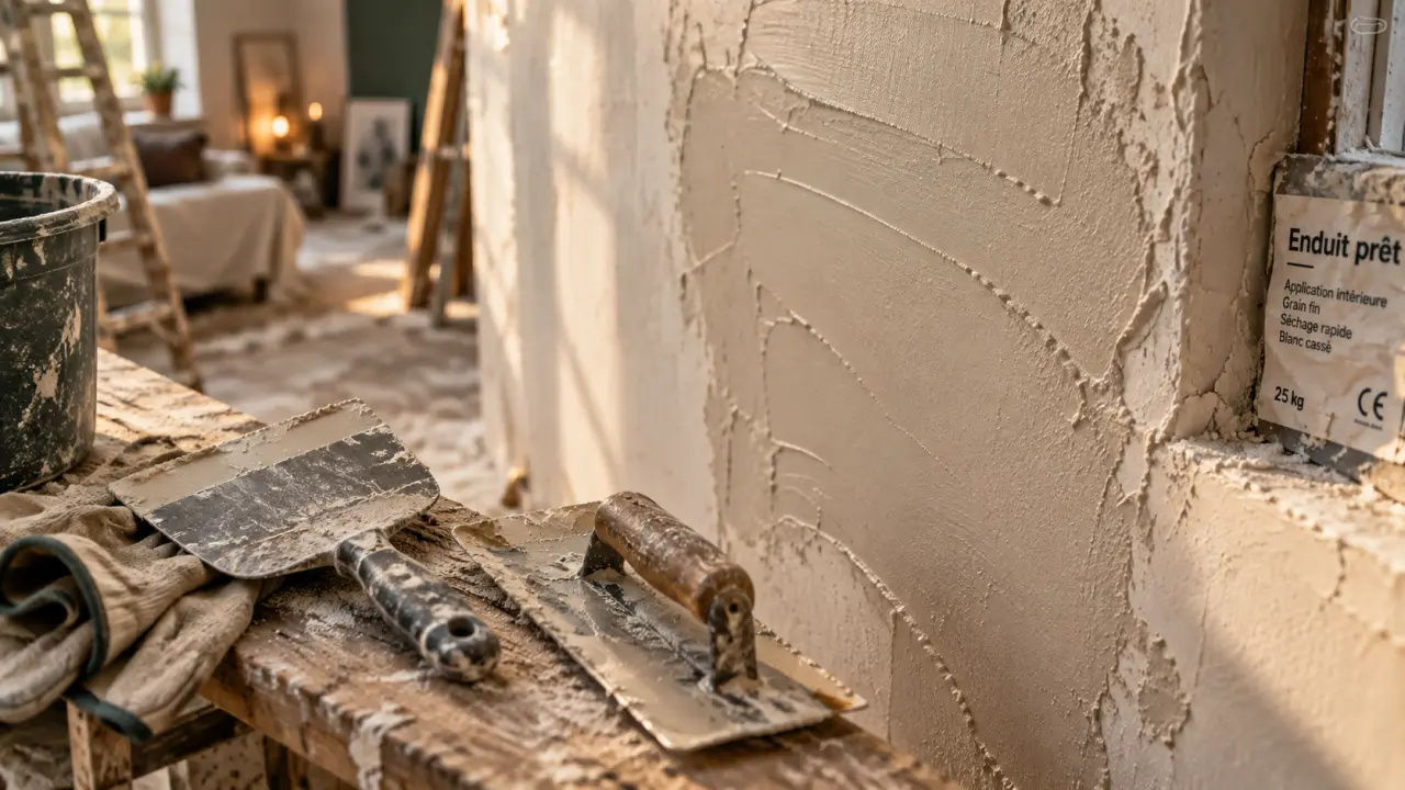 Enduit mur interieur en cours de pose, truelle et couteau à enduire