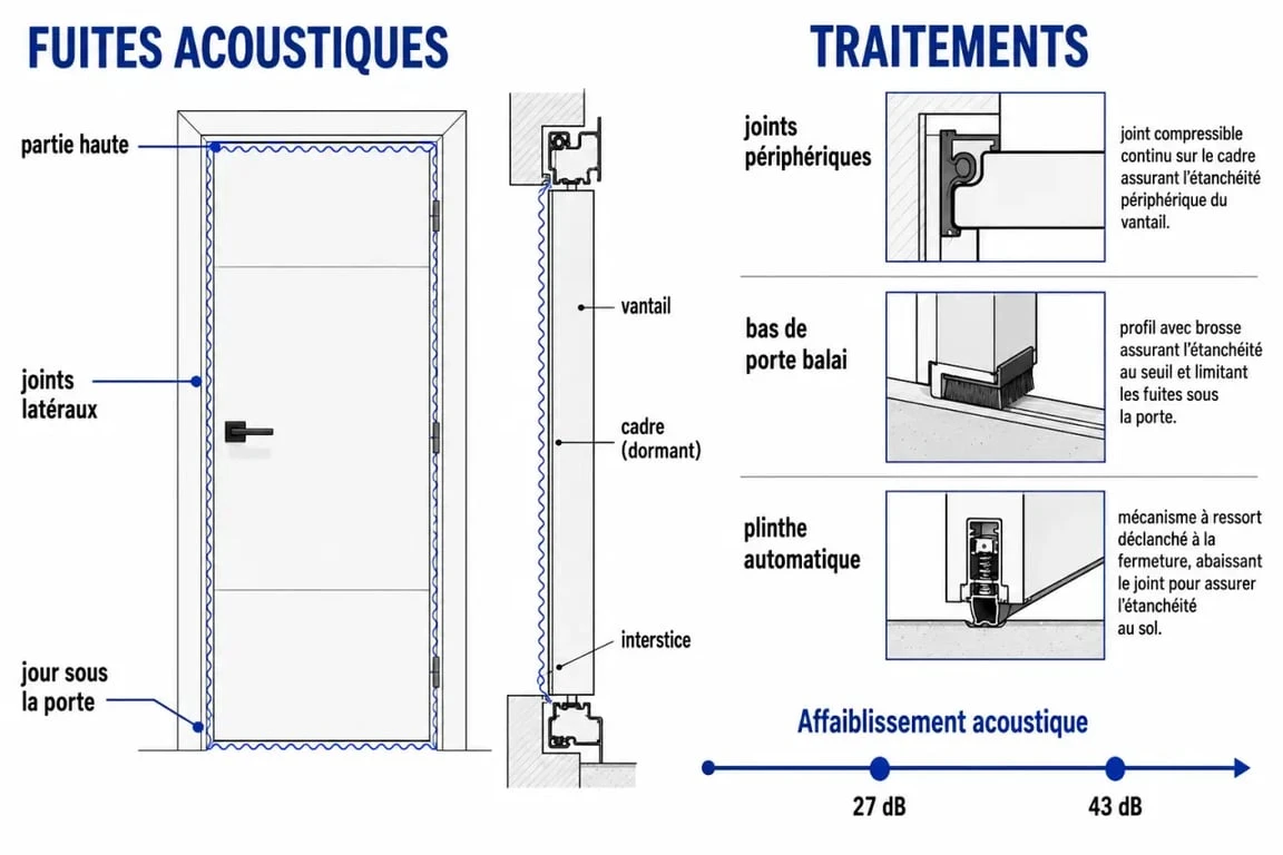 Portes atténuation isolation phonique : schéma des fuites acoustiques autour d’une porte et des solutions d’étanchéité