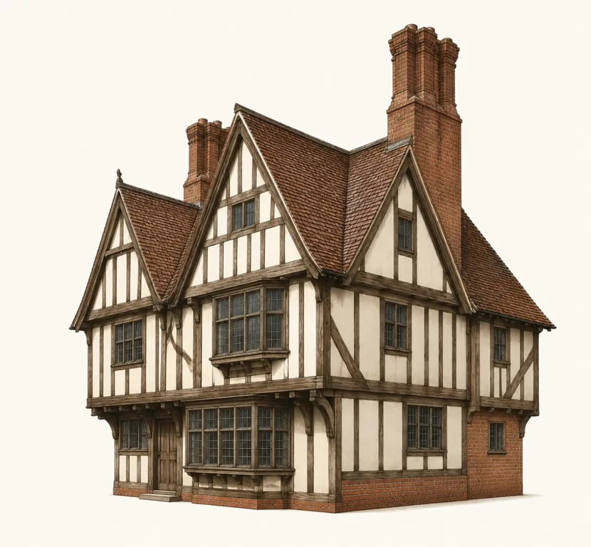 Façade caractéristique d’une architecture style Tudor avec pans de bois, pignons et cheminée en brique