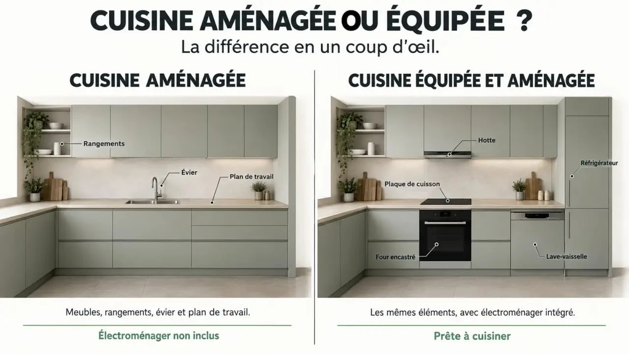 Cuisine équipée et aménagée comparée à une cuisine aménagée avec meubles, plan de travail et électroménager