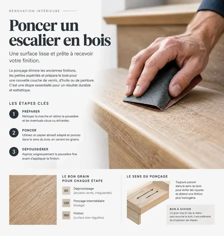 Ponçage des marches pour peindre un escalier en bois