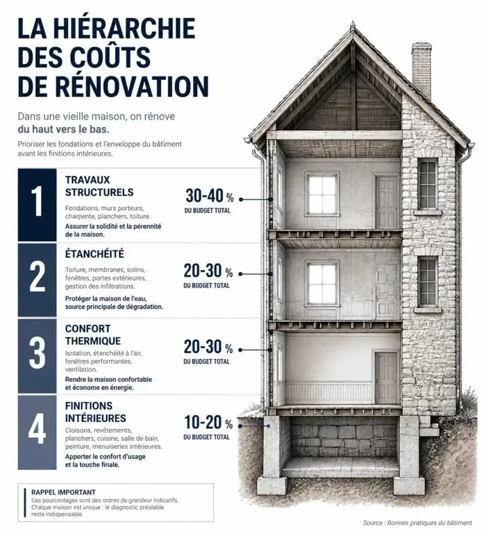 Infographie sur la hiérarchie des coûts de rénovation d'une maison ancienne