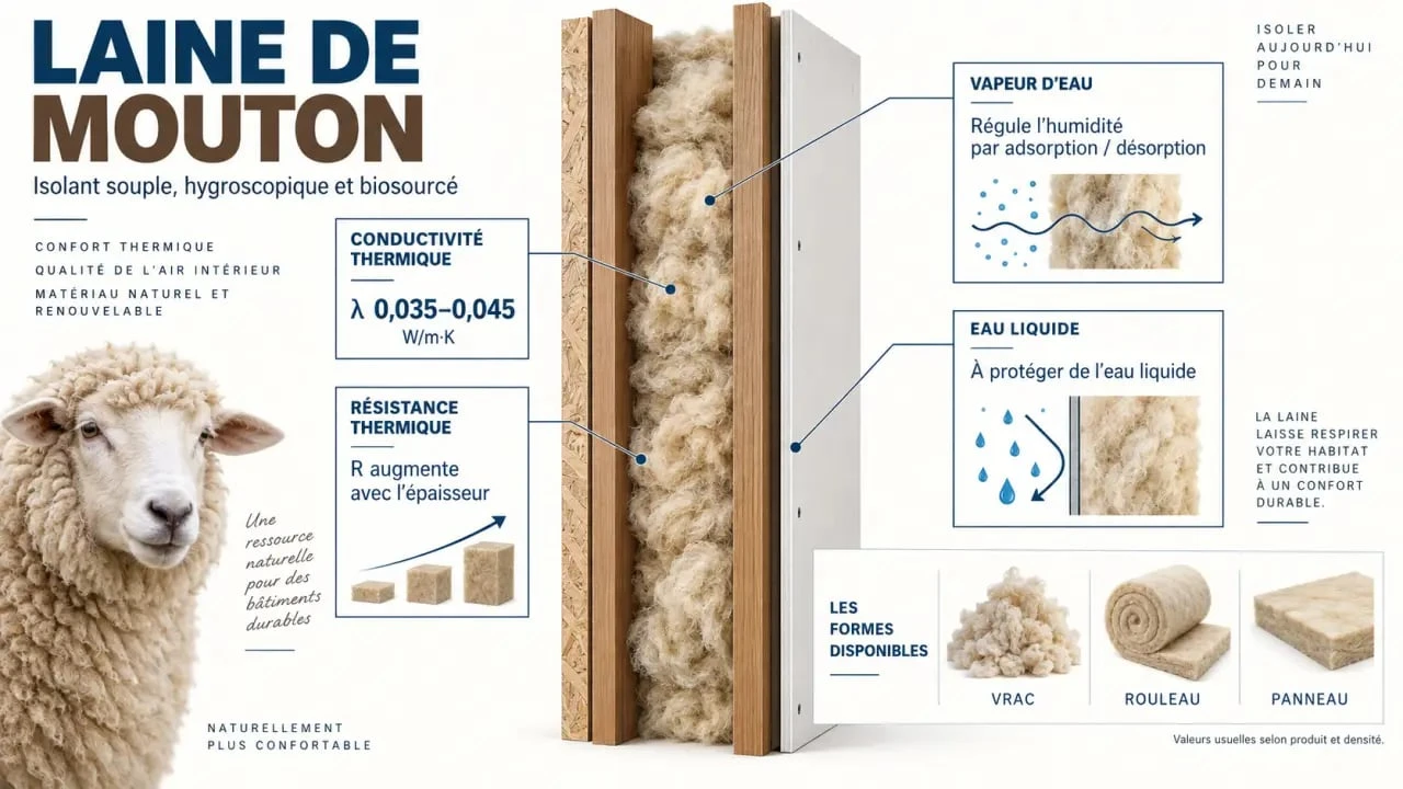 Isolant laine de mouton : performance thermique, gestion de la vapeur d’eau et formats de pose