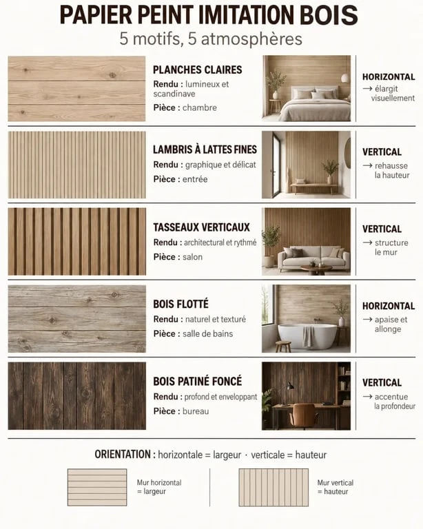 Papier peint imitation bois : comparaison des motifs, couleurs, orientations et styles décoratifs