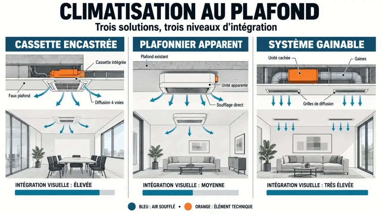 Schéma comparatif des solutions de clim au plafond : cassette, plafonnier et système gainable