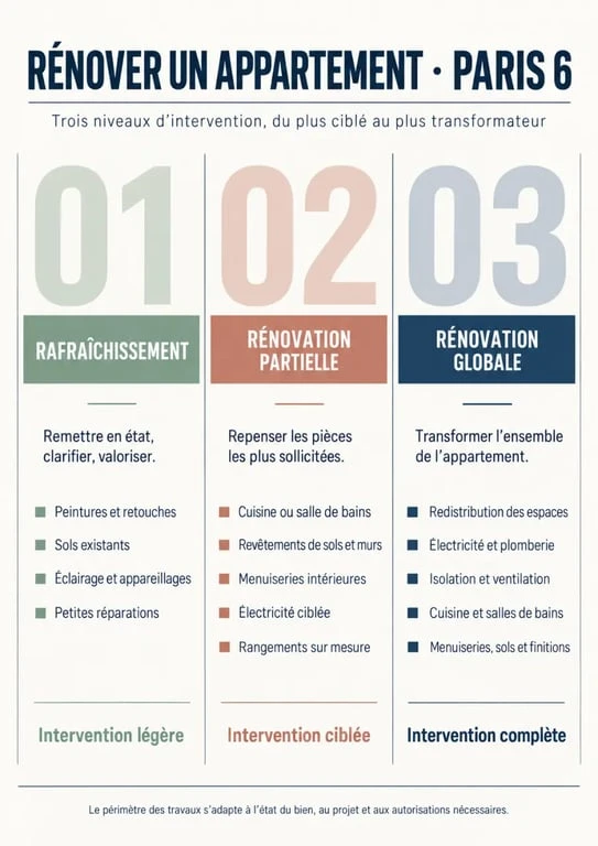 Les trois niveaux de rénovation appartement Paris 6, du rafraîchissement à la rénovation globale