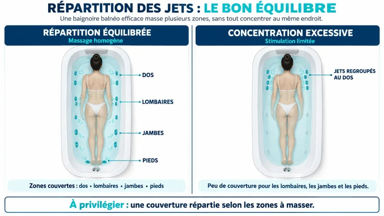 Schéma de répartition des jets sur une baignoire balnéo pour le dos, les jambes et les pieds