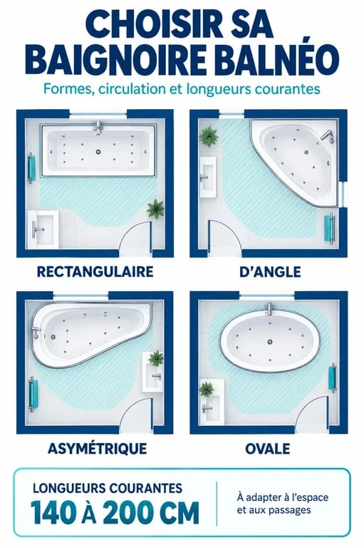Infographie sur les formes et dimensions d'une baignoire balnéo selon l'espace disponible