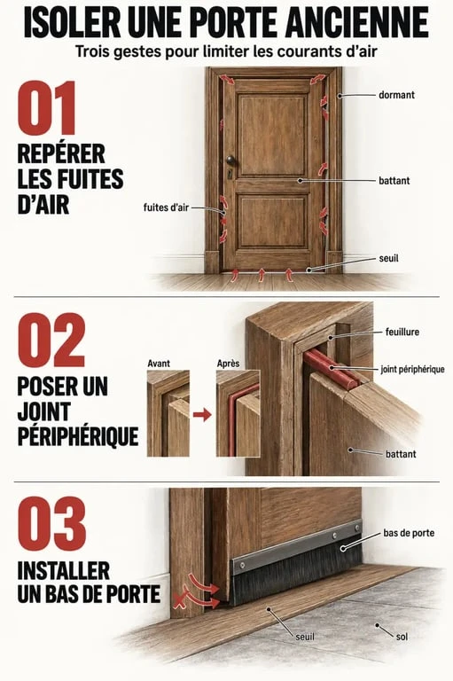 Illustration des étapes pour isoler une porte en bois avec joint périphérique et bas de porte