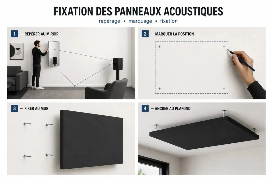 Fixation panneau acoustique : schéma de la méthode du miroir et des zones de pose prioritaires