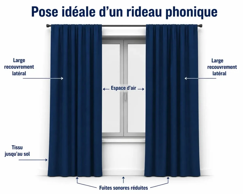 Le meilleur rideau phonique installé devant une fenêtre avec large recouvrement et tombé jusqu’au sol