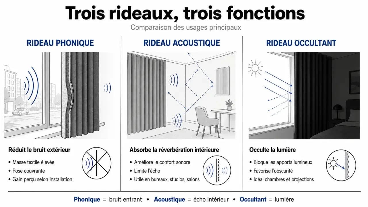 Le meilleur rideau phonique comparé à un rideau acoustique et à un rideau occultant