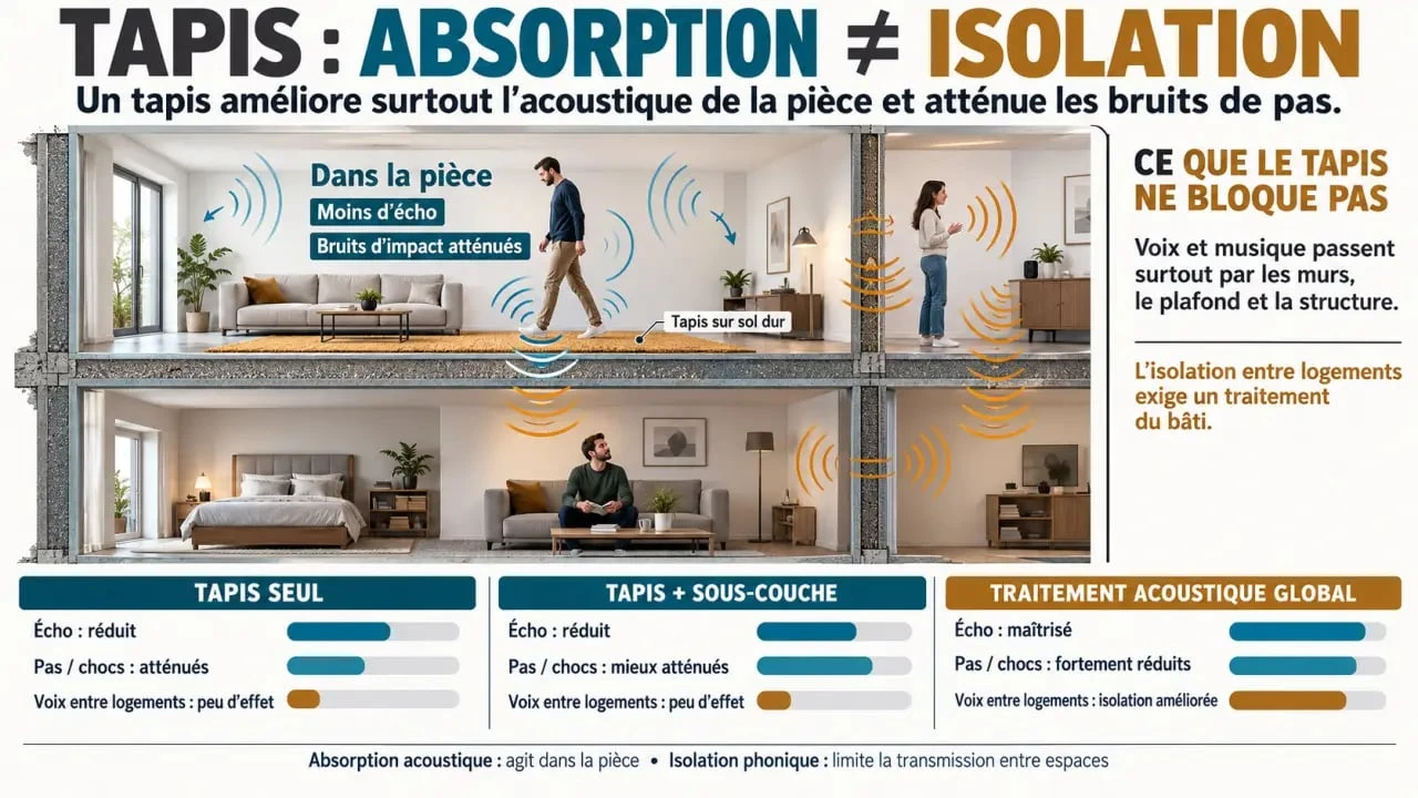 Infographie sur l’isolation phonique par tapis, l’absorption acoustique et le rôle de la sous-couche
