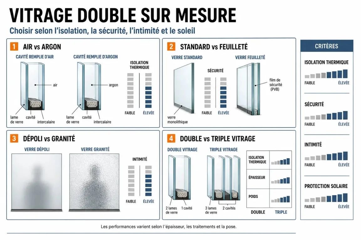 Schéma comparatif du vitrage double sur mesure entre air, argon, feuilleté, dépoli et contrôle solaire