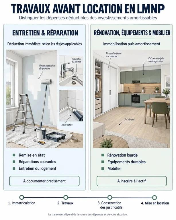 Infographie sur les travaux avant location en LMNP : charges déductibles, immobilisations et justificatifs