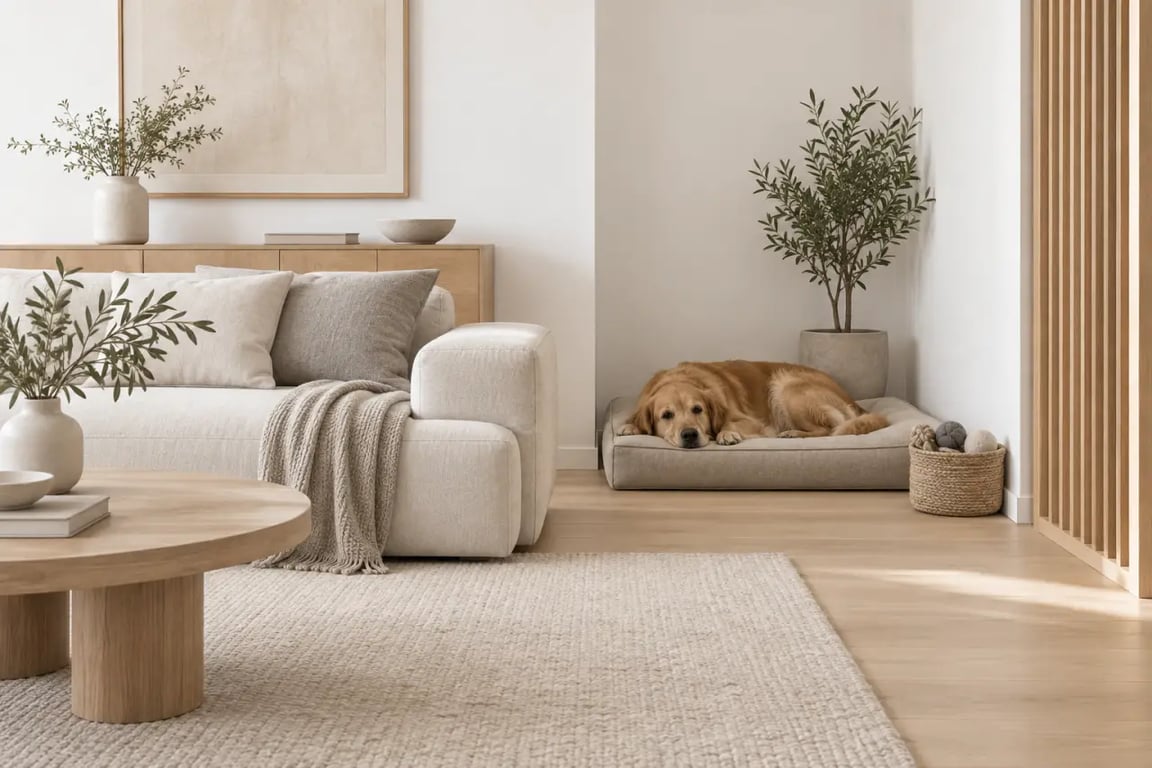 Aménager un coin repos pour chien dans un salon avec un couchage intégré à la décoration