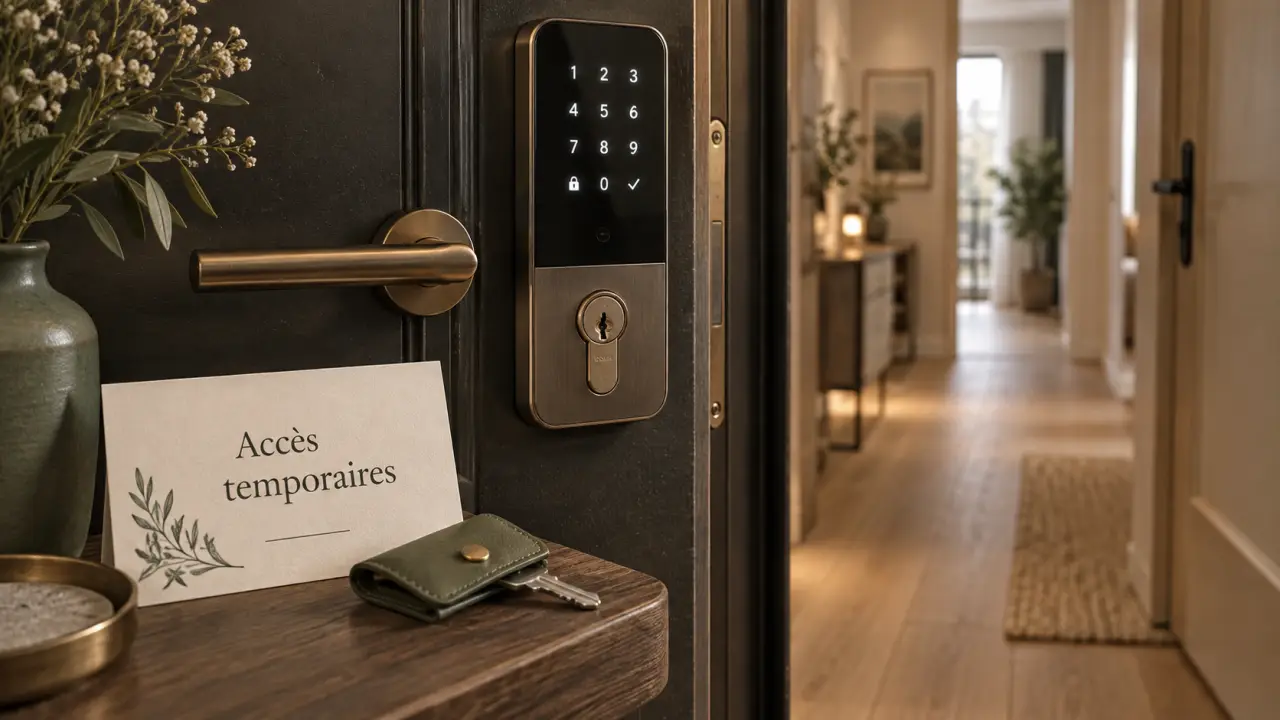 Serrure connectée Airbnb avec clavier, accès autonome et clé mécanique.