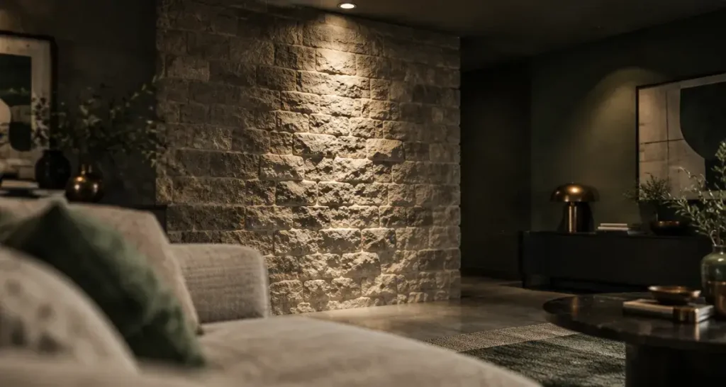 Éclairage mur en pierre intérieur en lumière rasante, sans éblouir.