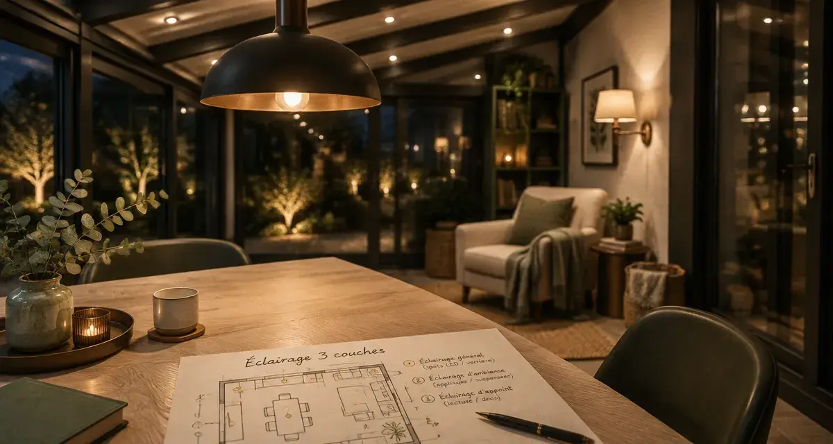 Éclairage véranda intérieur le soir sans reflets, spots LED et suspension