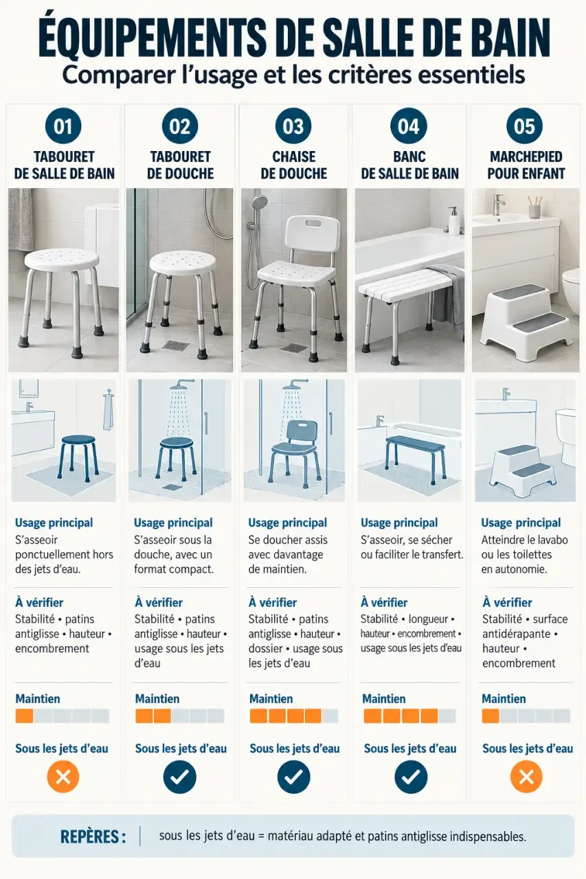 Infographie pour choisir un tabouret de salle de bain selon l’usage et les critères de sécurité