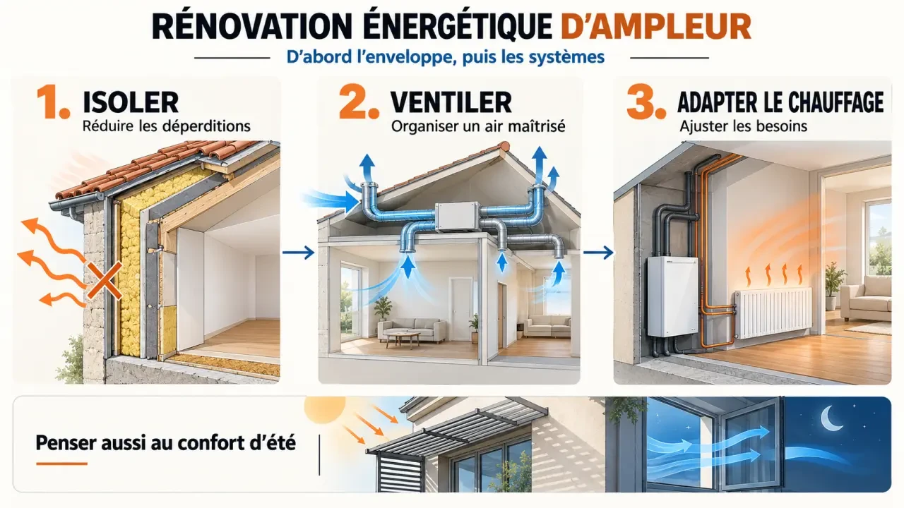 Infographie sur la rénovation énergétique d’ampleur et la coordination entre isolation, ventilation et chauffage