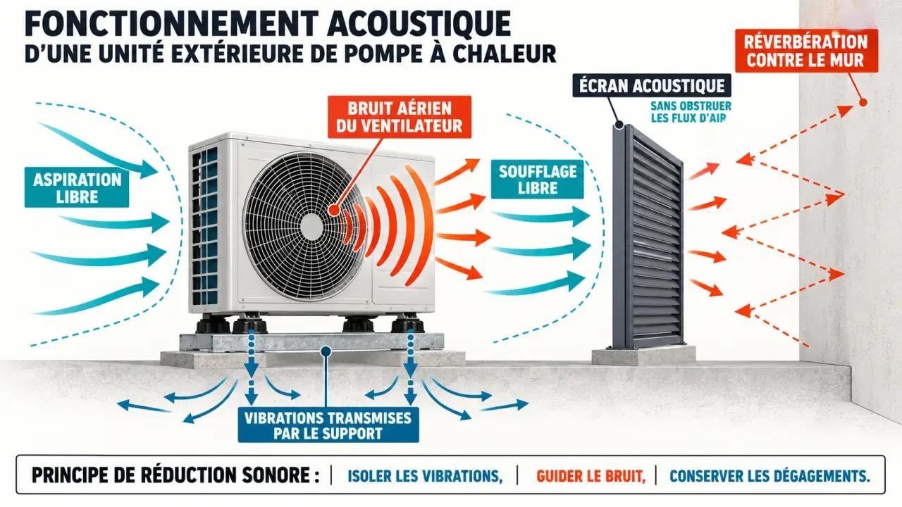 Schéma de propagation du bruit et des vibrations pour l’isolation phonique d’une pompe à chaleur extérieure