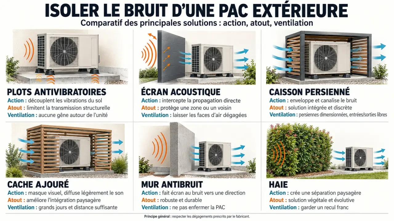Infographie des solutions d’isolation phonique pour une pompe à chaleur extérieure