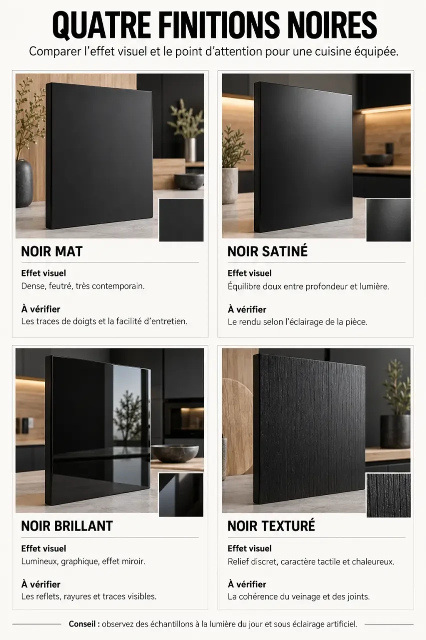 Infographie des finitions pour une cuisine équipée noire : mat, satiné, brillant et texturé