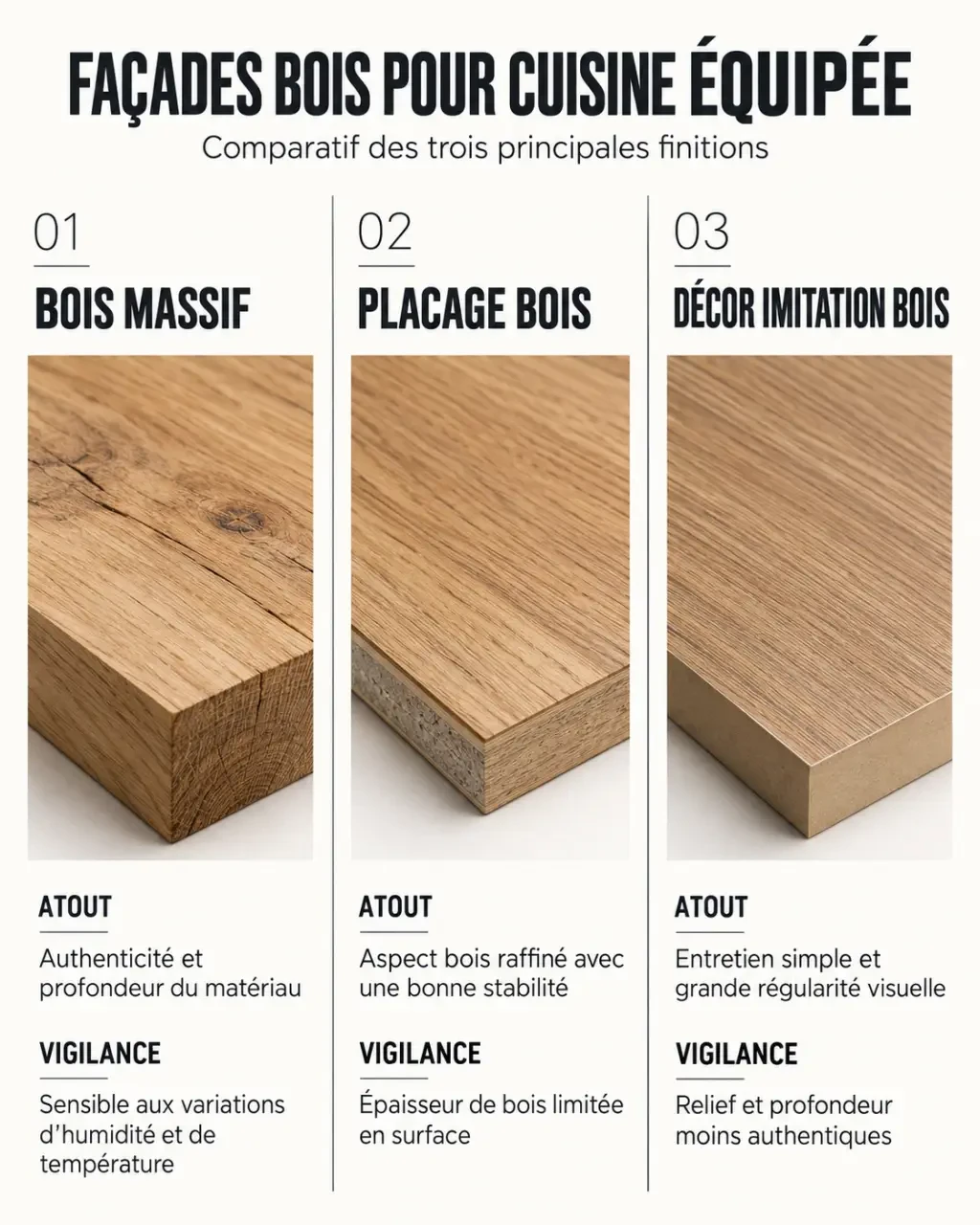 Infographie comparative des matériaux d’une cuisine équipée bois : massif, placage et imitation bois