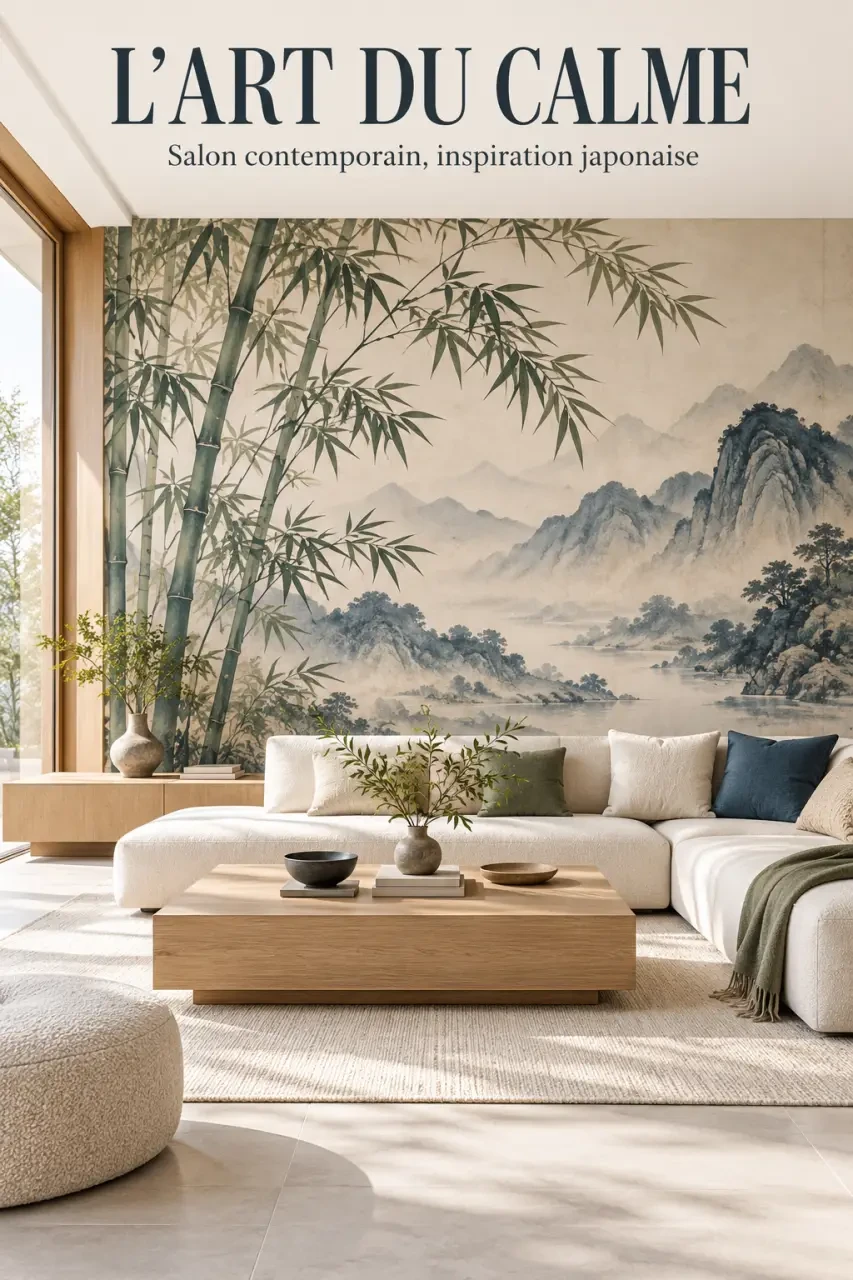 Salon contemporain décoré avec un papier peint japonais panoramique aux motifs de bambou